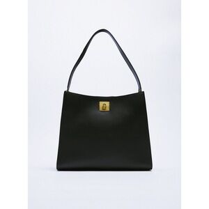 Zara City Shoulder Bag in Black Vegan Leather with Gold Hardware
